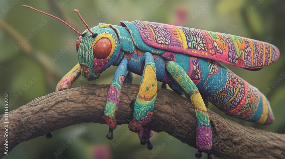 Poster vividly patterned grasshopper resting on a branch showcasing intricate details and vibrant colors in