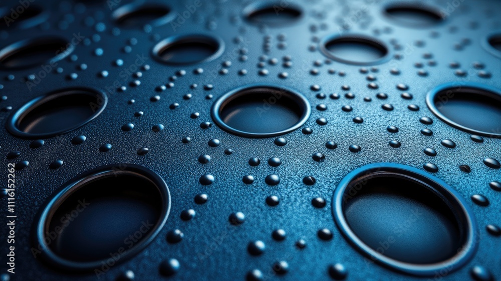 Poster blue perforated sheet metal texture background with circular holes and droplets for industrial or de