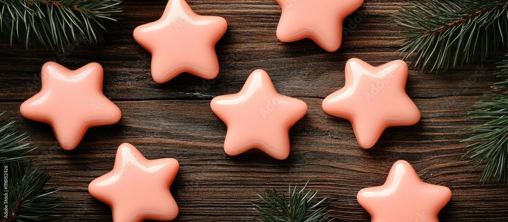 Poster pink star christmas ornaments surrounded by pine branches on a rustic wooden background with ample s