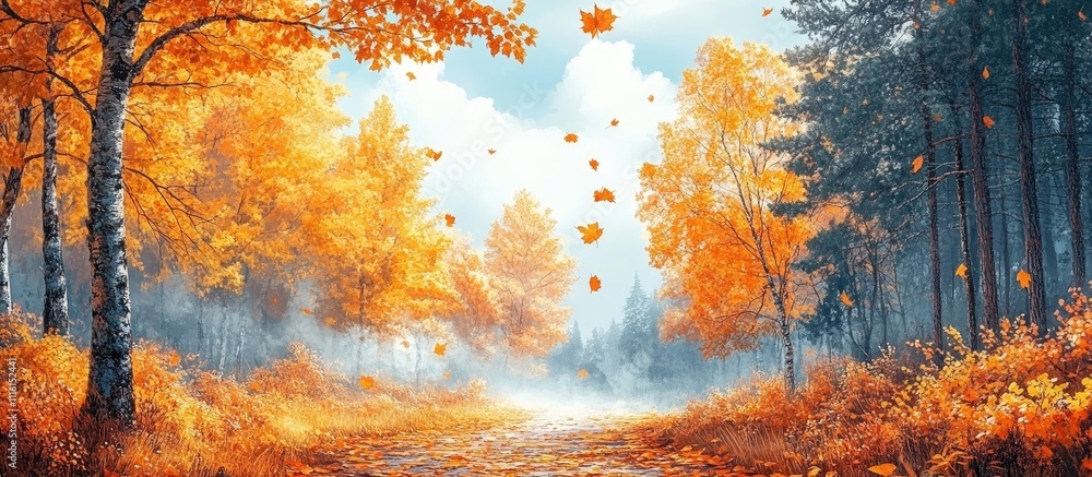 Poster serene autumn forest with vibrant yellow and orange foliage highlighting tree branches in a tranquil