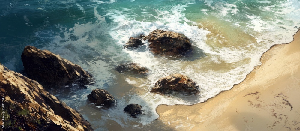 Poster aerial view of a pristine beach with large rocks and gentle white waves lapping at the shoreline und