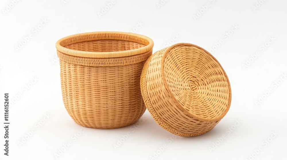 Aufkleber wicker basket with attached lid placed on a minimalist white background, emphasizing texture and cra
