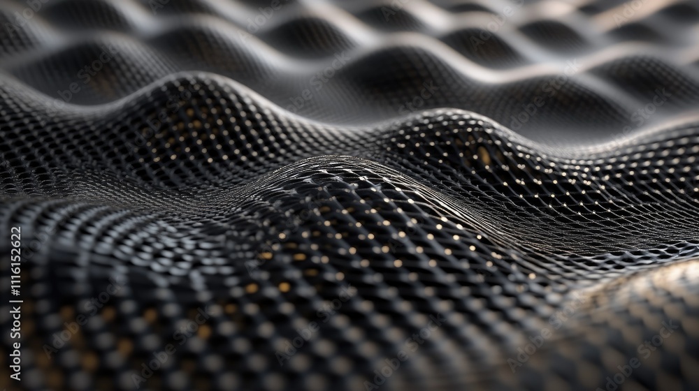 Poster Textured gray mesh fabric waves creating an abstract background with depth and dimension ideal for design and artistic projects