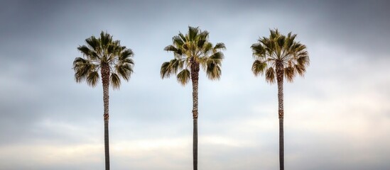 Fototapeta premium Tranquil aerial perspective of three palm trees under a moody cloudy sky creating a serene tropical ambiance