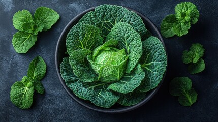 Savoy cabbage leaves arranged on a dark background ideal for menu design featuring fresh vegetables and salad bowl presentations