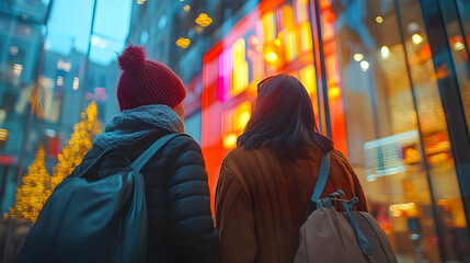 Fototapeta premium Winter Cityscape Illustration: Two Friends Window Shopping