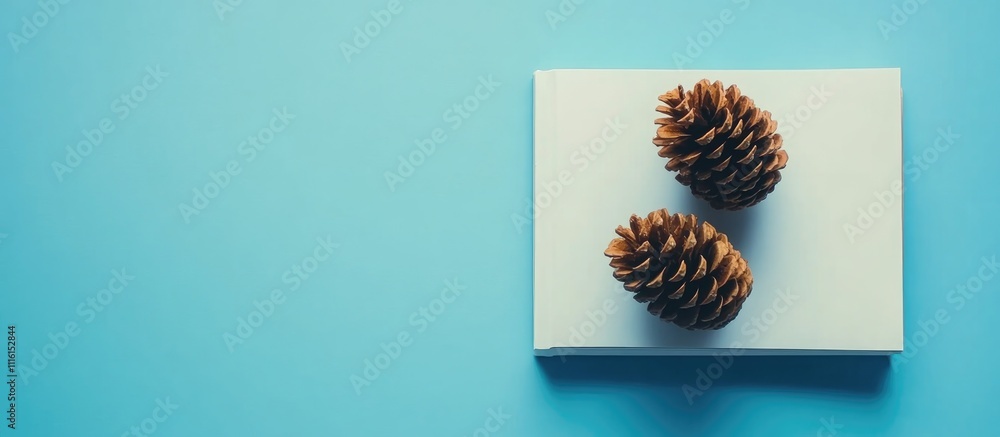Poster pine cones on a blank book against a blue backdrop creating a natural and serene design space for yo