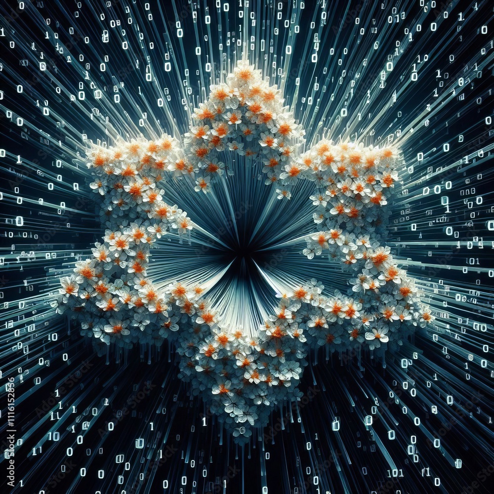 Poster code lines burst out like flower petals from the keyboard with e