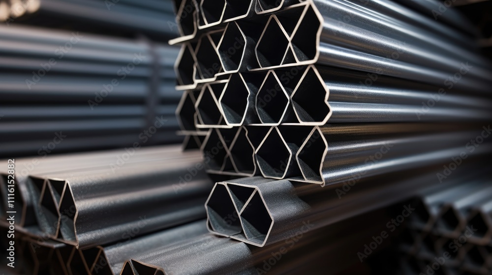 Aufkleber stack of rolled steel pipes with hexagonal cross section highlighting texture and details in a selec