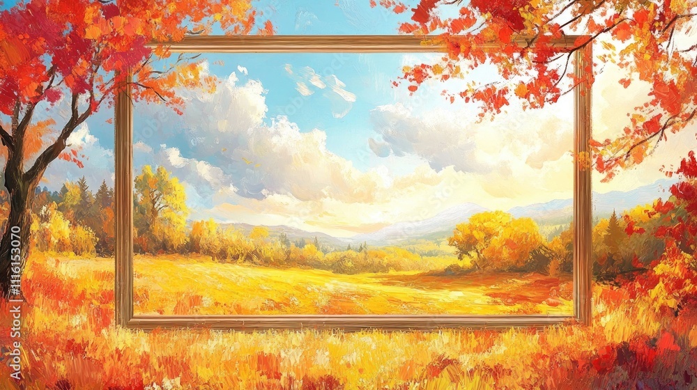Aufkleber autumn landscape with vibrant foliage in a picture frame showcasing a serene natural scene in warm c