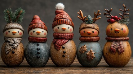 Fototapeta premium Charming collection of handcrafted Christmas snowman figurines in festive attire against a muted gray backdrop for holiday decor inspiration