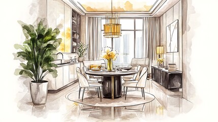 Adorable cartoon style, Detailed linear watercolor of interior design