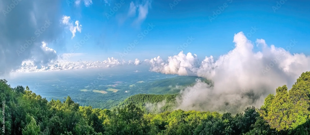 Poster vibrant mountain peak view with misty clouds and lush green trees creating an invigorating natural a