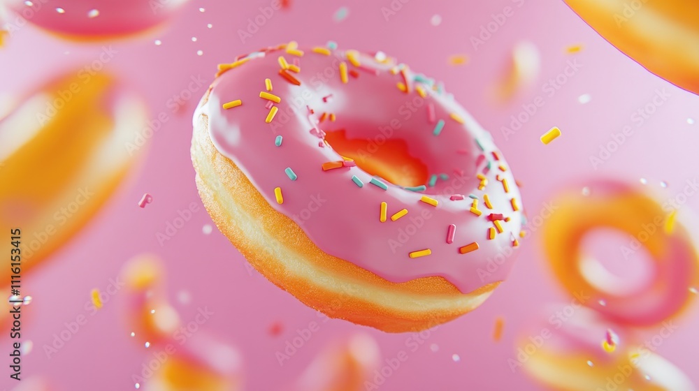 Poster Colorful frosted donut with sprinkles floating against a vibrant pink background creating a delightful and appetizing visual treat