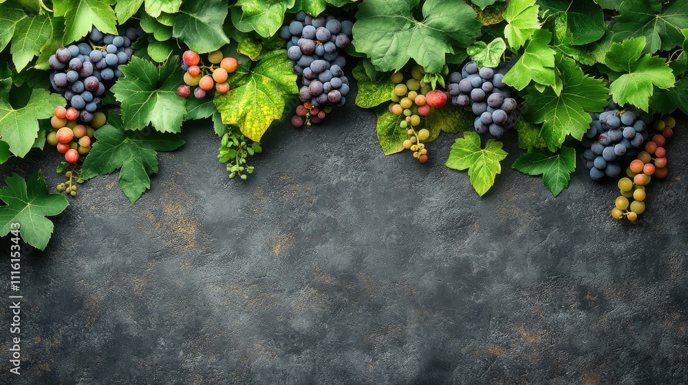 Poster wild grape leaves and clusters of grapes climbing on a textured wall creating a lush plant backgroun