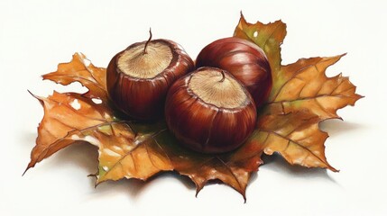 Chestnuts nestled on vibrant autumn leaves creating a natural still life composition against a clean white background