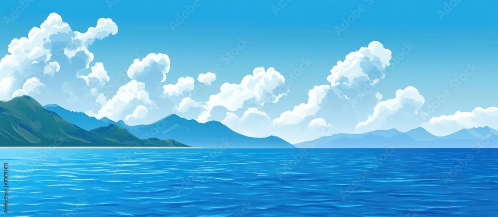 Aufkleber scenic landscape of calm blue sea under a clear sky with fluffy clouds and distant mountains creatin