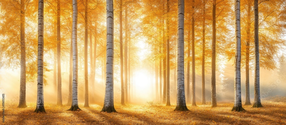 Poster autumn morning light filtering through golden trees creating a serene forest atmosphere