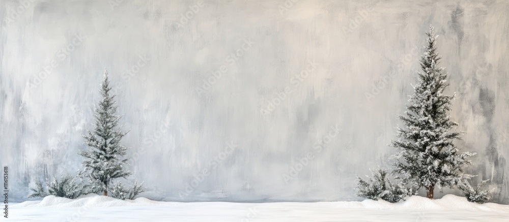 Poster winter landscape featuring two snow-covered evergreen trees of different sizes set against a neutral