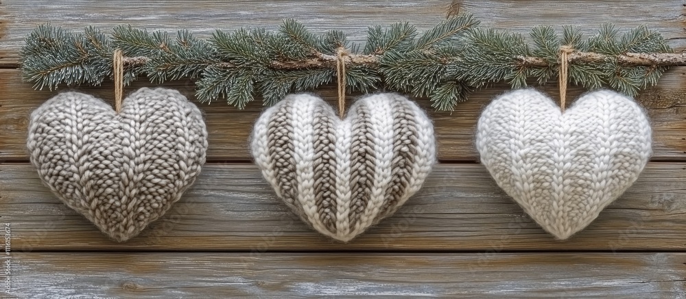 Poster heart-shaped christmas ornaments with knitted texture displayed on spruce branches against a rustic 