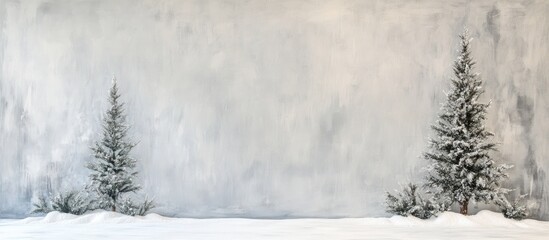 Naklejka premium Winter landscape featuring two snow-covered evergreen trees of different sizes set against a neutral grey background in a serene atmosphere