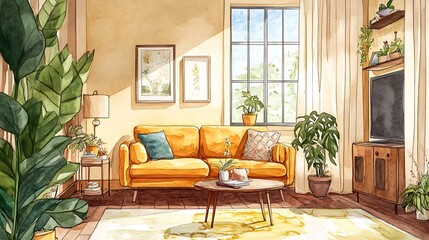 Adorable cartoon style, Detailed linear watercolor of interior design