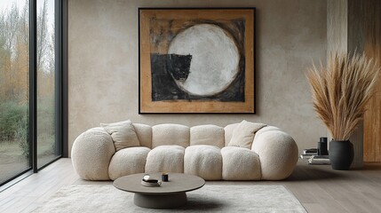 Minimalist Living Room: Beige Soft Sofa, Black Abstract Art, Natural Light, Pampas Grass Vases, and Round Coffee Table for a Cozy, Modern Aesthetic