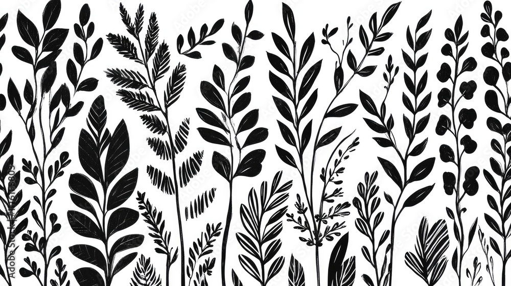 Poster elegant black and white ink patterns featuring intricate botanical designs and various leaf silhouet