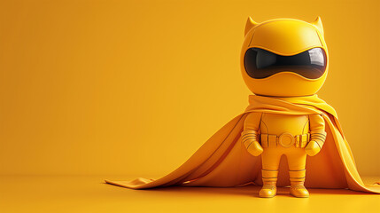 cute 3d animation cartoon character in a fully yellow color superhero costume with a cape solid bright yellow copyspace background