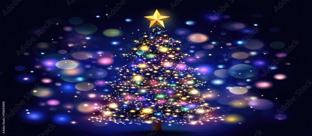 Aufkleber christmas tree decorated with lights and star against a vibrant bokeh background creating a festive 