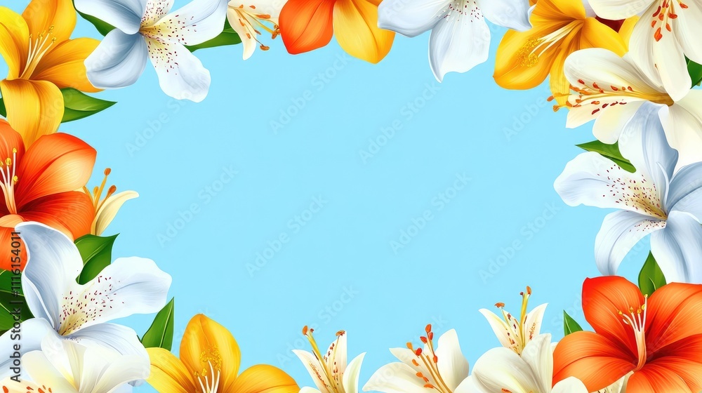 Poster vibrant floral frame with assorted flowers and blue background featuring empty space for personalize