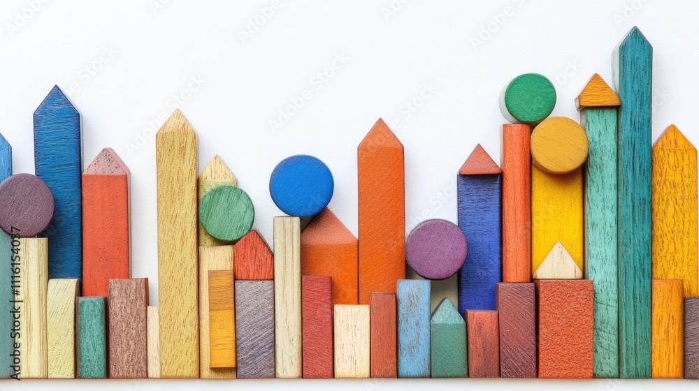 Poster colorful wooden building blocks arranged artistically on a clean white background showcasing creativ