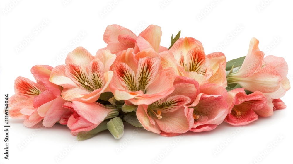 Poster delicate freesia bouquet in soft peach hues arranged on a clean white background perfect for floral 
