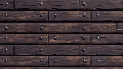 Fototapeta premium Aged wooden texture with weathered surface and metal fasteners, depicting the effects of climate change on neglected materials, rustic, natural, environmental impact.