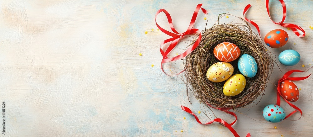 Poster easter greeting banner with a decorative nest of colorful eggs and ribbons on a textured wooden back