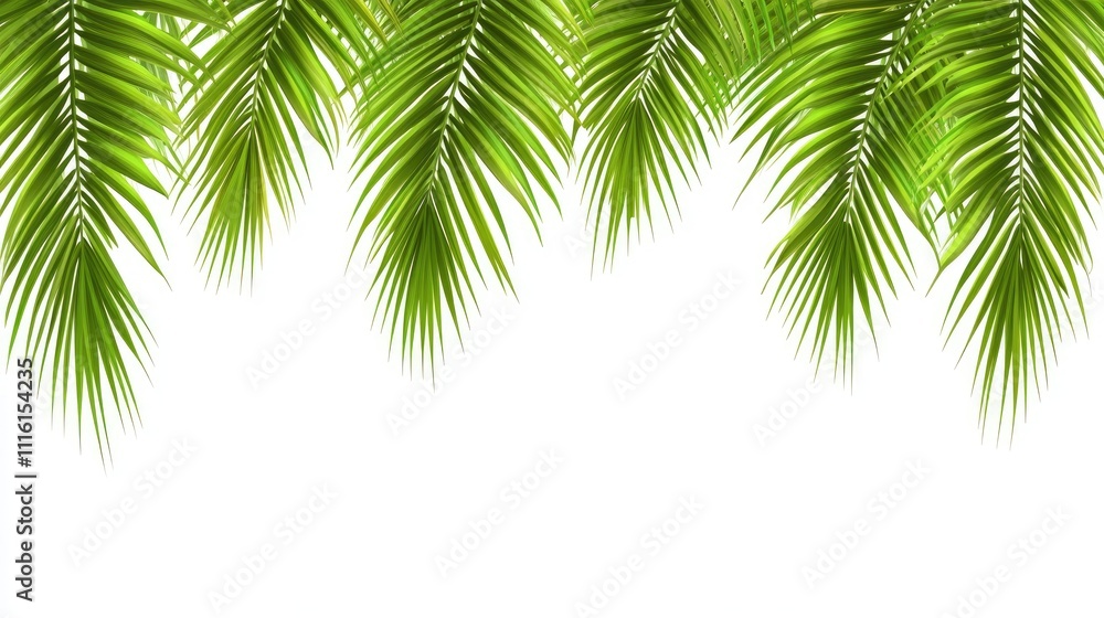 Poster lush green palm leaves creating a vibrant tropical background on a clean white surface for design an