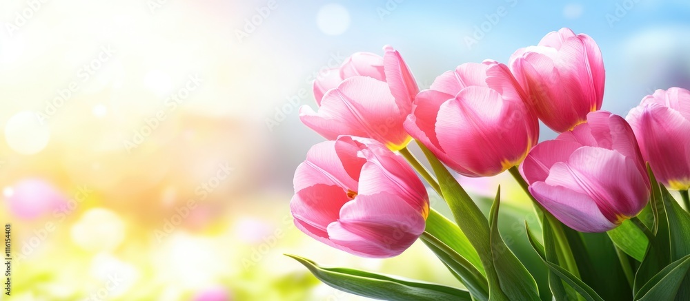 Poster delicate pink tulips arranged beautifully on a soft blue background with gentle sunlight creating an