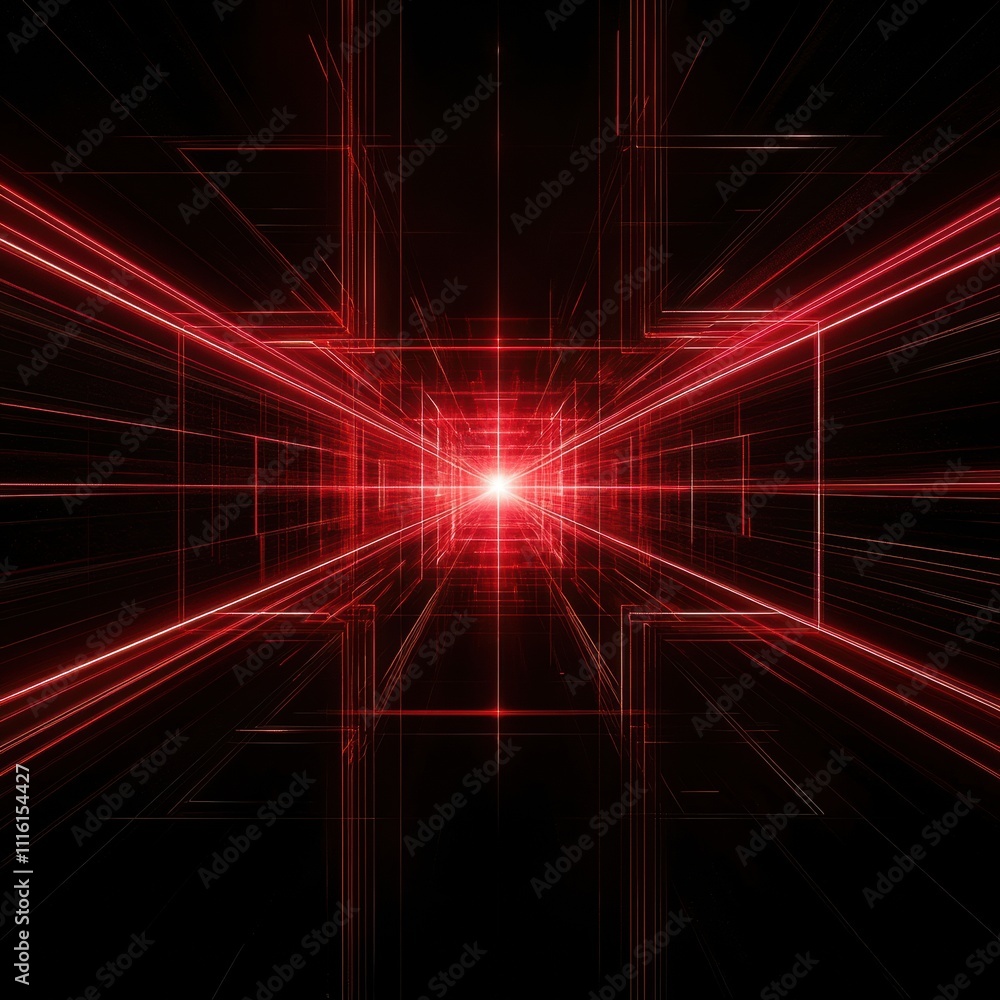 Poster dynamic red laser lines abstract art in dark space perspective