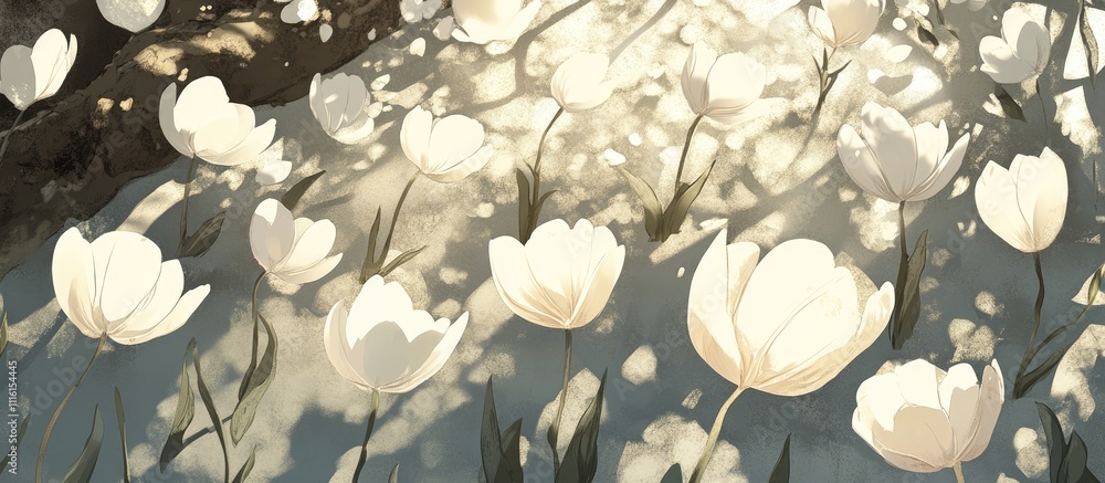 Poster white tulips blooming on a soft gray background with ample space for text from an overhead perspecti