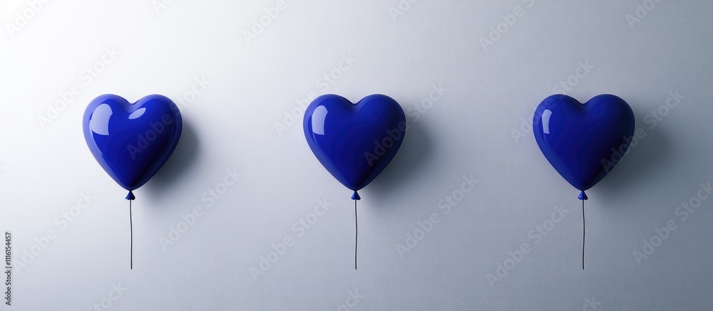 Poster blue heart-shaped balloons aligned on a white background creating a vibrant and cheerful atmosphere 