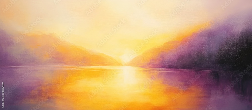 Poster serene sunset reflection over tranquil lake with vibrant hues and misty mountains in the background 