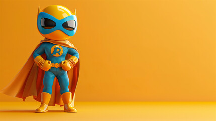 Cute Cartoon Character in Superhero Costume with Cape on Solid Bright Yellow Copy Space Background