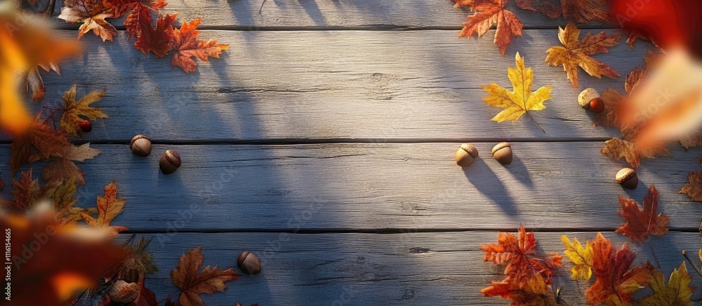 Poster autumn composition of colorful maple leaves and acorns on light wooden boards viewed from above crea