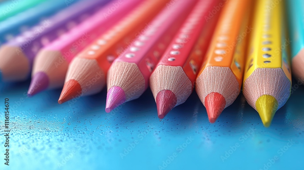 Poster aerial view of colorful pencils with diverse eraser tops arranged in a vibrant pattern on a blue sur