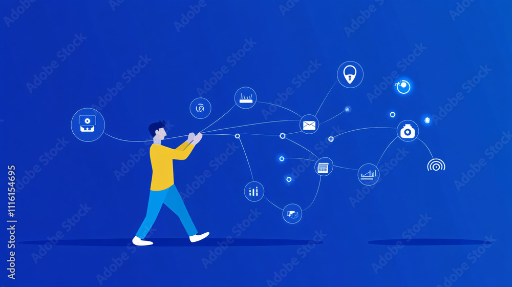 Poster a flat vector of an it technician pulling a digital wire, with minimalist network and connectivity i