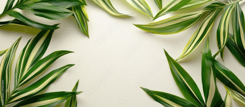 Poster green and yellow striped leaves arranged in a border on a soft white backdrop creating a natural and