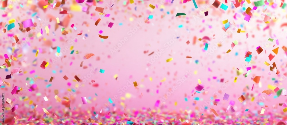 Poster vibrant confetti scattered on pink background ideal for celebrations parties and festive occasions c