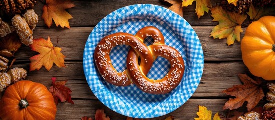 Oktoberfest rustic flat lay featuring two pretzels on blue checkered plates surrounded by autumn decorations and a wooden table backdrop