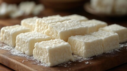 Cubes of cottage cheese arranged on a wooden surface, with a clean white background, highlighting texture and freshness, food photography, dairy product, culinary use.