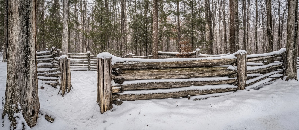 Poster snow-covered wooden fence in a tranquil winter forest setting with fresh snowfall on trees creating 